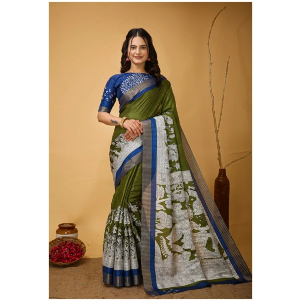 Generic Women's Soft Handloom Cotton Kalamkari Printed Saree With Unstitched Blouse 5.5Mtr (Mehendi) - Mehendi