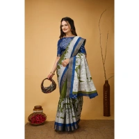 Generic Women's Soft Handloom Cotton Kalamkari Printed Saree With Unstitched Blouse 5.5Mtr (Mehendi) - Mehendi
