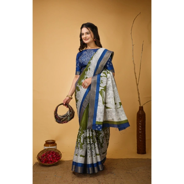 Generic Women's Soft Handloom Cotton Kalamkari Printed Saree With Unstitched Blouse 5.5Mtr (Mehendi) - Mehendi