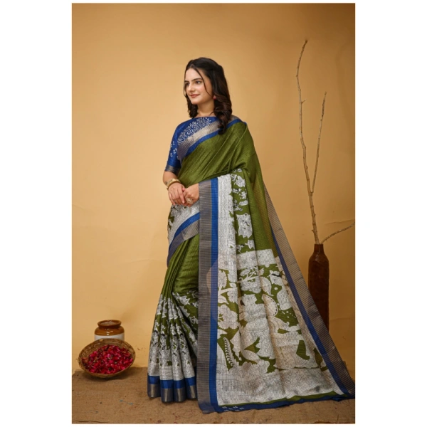 Generic Women's Soft Handloom Cotton Kalamkari Printed Saree With Unstitched Blouse 5.5Mtr (Mehendi) - Mehendi