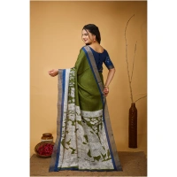 Generic Women's Soft Handloom Cotton Kalamkari Printed Saree With Unstitched Blouse 5.5Mtr (Mehendi) - Mehendi