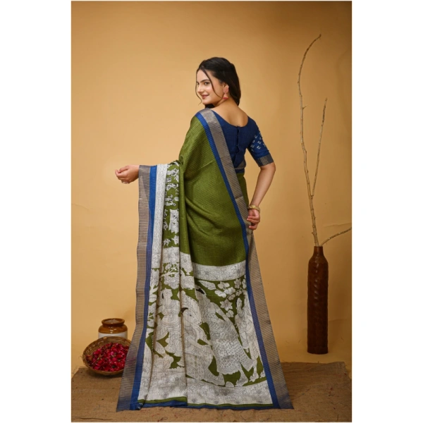 Generic Women's Soft Handloom Cotton Kalamkari Printed Saree With Unstitched Blouse 5.5Mtr (Mehendi) - Mehendi