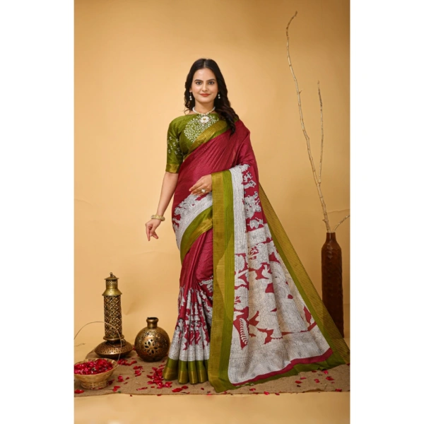 Generic Women's Soft Handloom Cotton Kalamkari Printed Saree With Unstitched Blouse 5.5Mtr (Maroon) - Maroon
