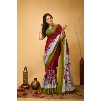 Generic Women's Soft Handloom Cotton Kalamkari Printed Saree With Unstitched Blouse 5.5Mtr (Maroon) - Maroon