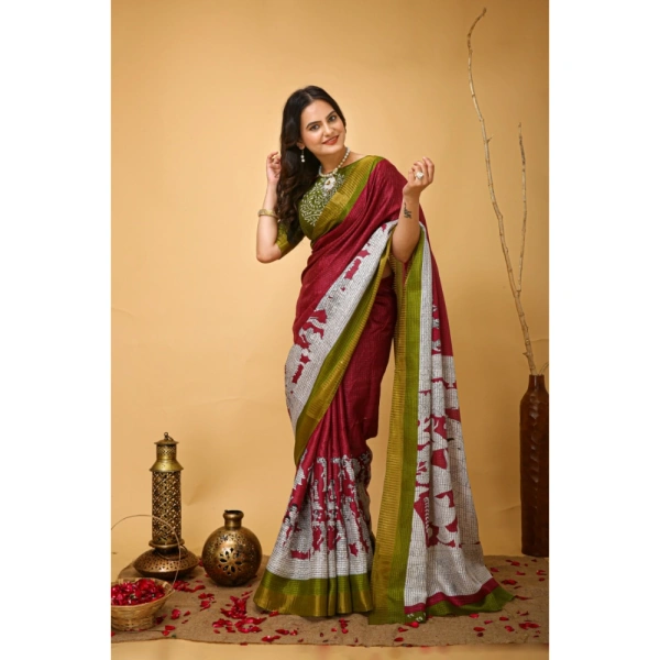 Generic Women's Soft Handloom Cotton Kalamkari Printed Saree With Unstitched Blouse 5.5Mtr (Maroon) - Maroon