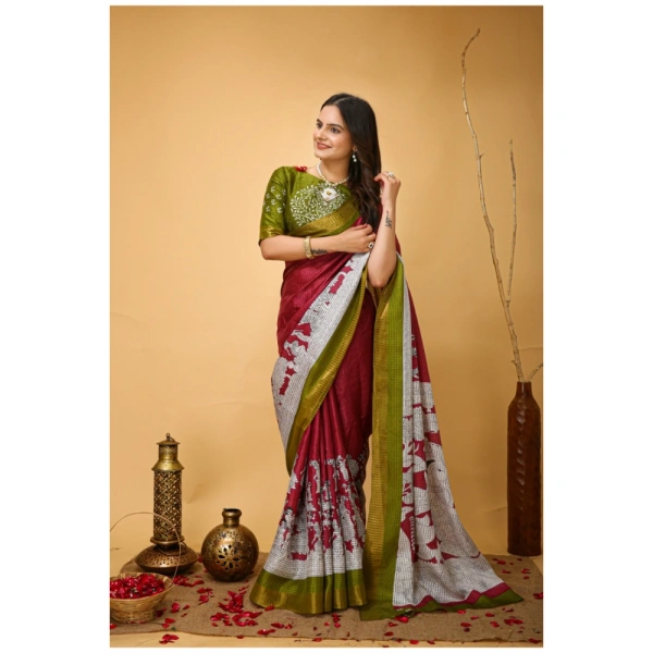 Generic Women's Soft Handloom Cotton Kalamkari Printed Saree With Unstitched Blouse 5.5Mtr (Maroon) - Maroon