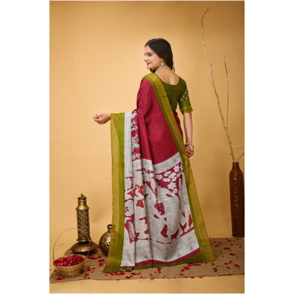 Generic Women's Soft Handloom Cotton Kalamkari Printed Saree With Unstitched Blouse 5.5Mtr (Maroon) - Maroon