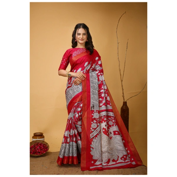 Generic Women's Soft Handloom Cotton Kalamkari Printed Saree With Unstitched Blouse 5.5Mtr (Pink) - Pink