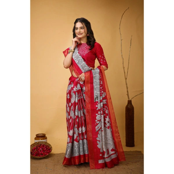 Generic Women's Soft Handloom Cotton Kalamkari Printed Saree With Unstitched Blouse 5.5Mtr (Pink) - Pink