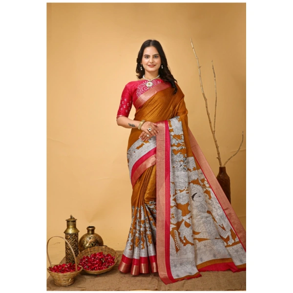 Generic Women's Soft Handloom Cotton Kalamkari Printed Saree With Unstitched Blouse 5.5Mtr (Mustard) - Mustard