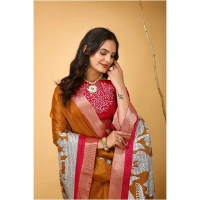 Generic Women's Soft Handloom Cotton Kalamkari Printed Saree With Unstitched Blouse 5.5Mtr (Mustard) - Mustard