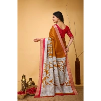 Generic Women's Soft Handloom Cotton Kalamkari Printed Saree With Unstitched Blouse 5.5Mtr (Mustard) - Mustard