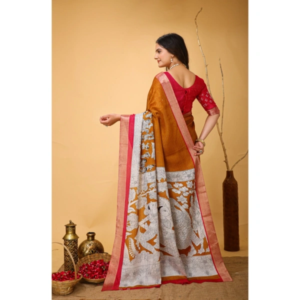 Generic Women's Soft Handloom Cotton Kalamkari Printed Saree With Unstitched Blouse 5.5Mtr (Mustard) - Mustard
