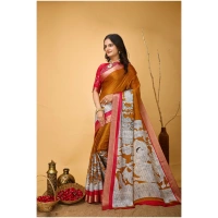 Generic Women's Soft Handloom Cotton Kalamkari Printed Saree With Unstitched Blouse 5.5Mtr (Mustard) - Mustard