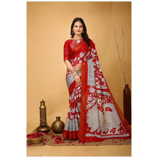 Generic Women's Soft Handloom Cotton Kalamkari Printed Saree With Unstitched Blouse 5.5Mtr (Red) - Red