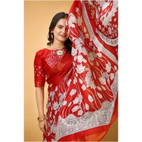 Generic Women's Soft Handloom Cotton Kalamkari Printed Saree With Unstitched Blouse 5.5Mtr (Red) - Red
