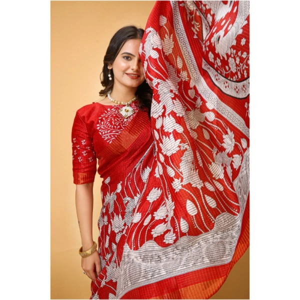 Generic Women's Soft Handloom Cotton Kalamkari Printed Saree With Unstitched Blouse 5.5Mtr (Red) - Red