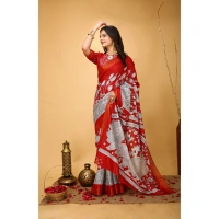 Generic Women's Soft Handloom Cotton Kalamkari Printed Saree With Unstitched Blouse 5.5Mtr (Red) - Red