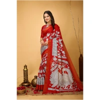 Generic Women's Soft Handloom Cotton Kalamkari Printed Saree With Unstitched Blouse 5.5Mtr (Red) - Red