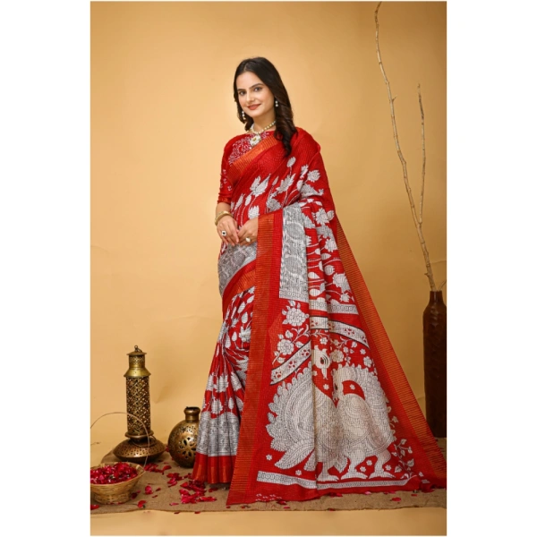Generic Women's Soft Handloom Cotton Kalamkari Printed Saree With Unstitched Blouse 5.5Mtr (Red) - Red