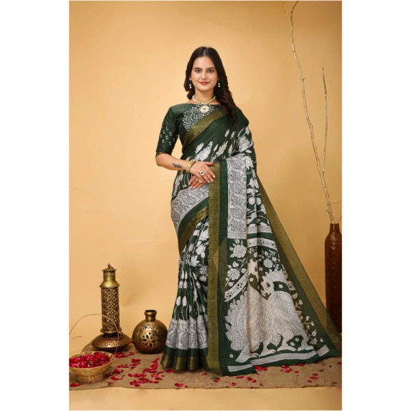Generic Women's Soft Handloom Cotton Kalamkari Printed Saree With Unstitched Blouse 5.5Mtr (Green) - Green