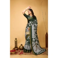Generic Women's Soft Handloom Cotton Kalamkari Printed Saree With Unstitched Blouse 5.5Mtr (Green) - Green