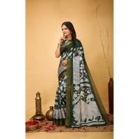 Generic Women's Soft Handloom Cotton Kalamkari Printed Saree With Unstitched Blouse 5.5Mtr (Green) - Green