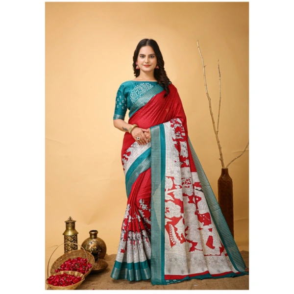 Generic Women's Soft Handloom Cotton Kalamkari Printed Saree With Unstitched Blouse 5.5Mtr (Red) - Red
