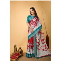 Generic Women's Soft Handloom Cotton Kalamkari Printed Saree With Unstitched Blouse 5.5Mtr (Red) - Red