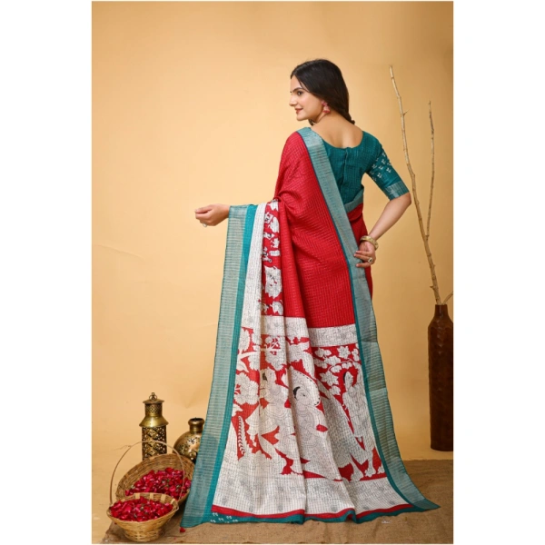 Generic Women's Soft Handloom Cotton Kalamkari Printed Saree With Unstitched Blouse 5.5Mtr (Red) - Red