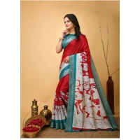 Generic Women's Soft Handloom Cotton Kalamkari Printed Saree With Unstitched Blouse 5.5Mtr (Red) - Red