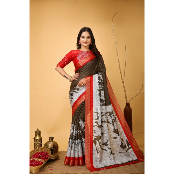 Generic Women's Soft Handloom Cotton Kalamkari Printed Saree With Unstitched Blouse 5.5Mtr (Brown) - Brown