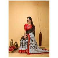 Generic Women's Soft Handloom Cotton Kalamkari Printed Saree With Unstitched Blouse 5.5Mtr (Brown) - Brown
