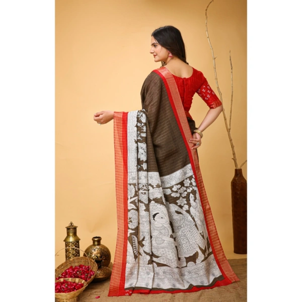 Generic Women's Soft Handloom Cotton Kalamkari Printed Saree With Unstitched Blouse 5.5Mtr (Brown) - Brown