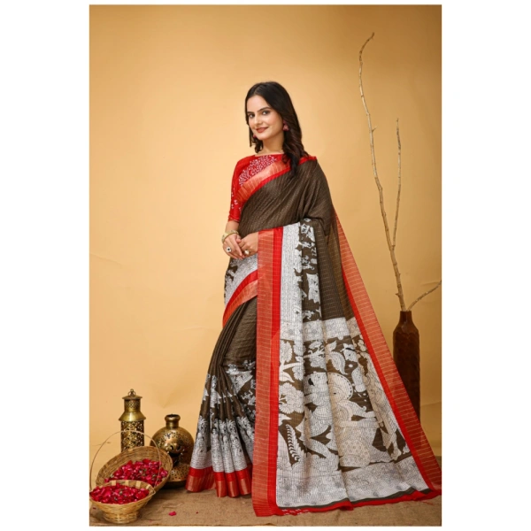 Generic Women's Soft Handloom Cotton Kalamkari Printed Saree With Unstitched Blouse 5.5Mtr (Brown) - Brown