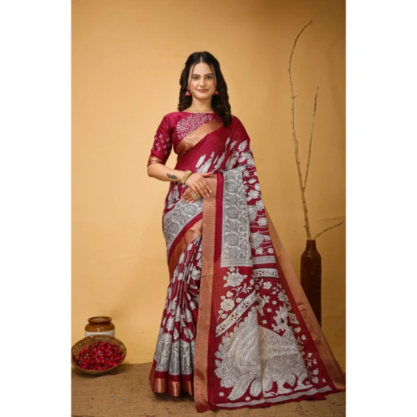 Generic Women's Soft Handloom Cotton Kalamkari Printed Saree With Unstitched Blouse 5.5Mtr (Maroon) - Maroon