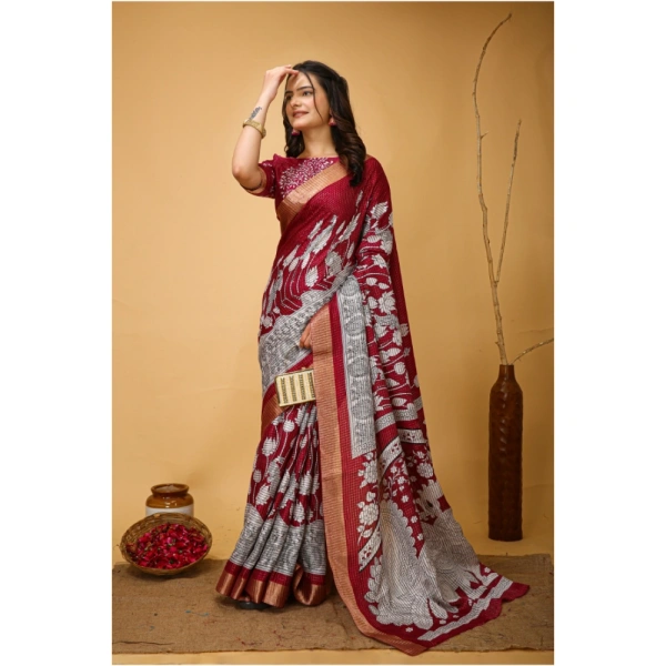 Generic Women's Soft Handloom Cotton Kalamkari Printed Saree With Unstitched Blouse 5.5Mtr (Maroon) - Maroon