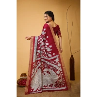 Generic Women's Soft Handloom Cotton Kalamkari Printed Saree With Unstitched Blouse 5.5Mtr (Maroon) - Maroon