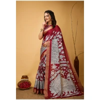 Generic Women's Soft Handloom Cotton Kalamkari Printed Saree With Unstitched Blouse 5.5Mtr (Maroon) - Maroon