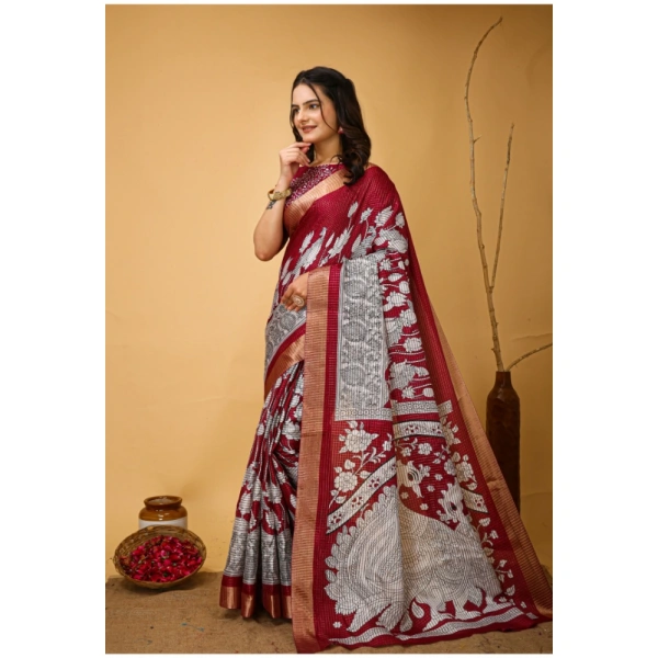 Generic Women's Soft Handloom Cotton Kalamkari Printed Saree With Unstitched Blouse 5.5Mtr (Maroon) - Maroon