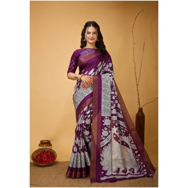 Generic Women's Soft Handloom Cotton Kalamkari Printed Saree With Unstitched Blouse 5.5Mtr (Purple) - Purple