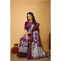 Generic Women's Soft Handloom Cotton Kalamkari Printed Saree With Unstitched Blouse 5.5Mtr (Purple) - Purple