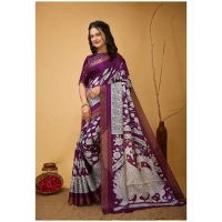 Generic Women's Soft Handloom Cotton Kalamkari Printed Saree With Unstitched Blouse 5.5Mtr (Purple) - Purple