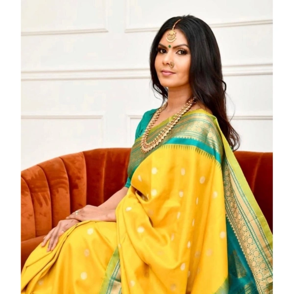 Generic Women's Soft Lichi Silk Printed Saree With Unstitched Blouse 5.5Mtr (Yellow) - Yellow