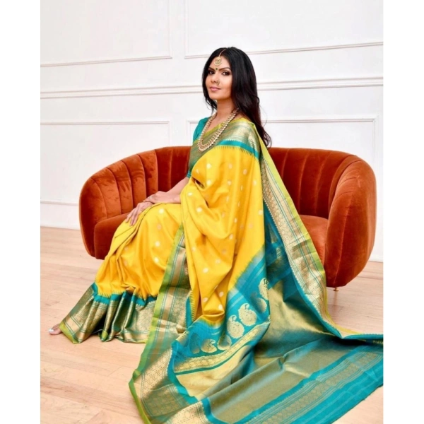 Generic Women's Soft Lichi Silk Printed Saree With Unstitched Blouse 5.5Mtr (Yellow) - Yellow