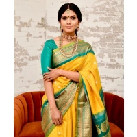 Generic Women's Soft Lichi Silk Printed Saree With Unstitched Blouse 5.5Mtr (Yellow) - Yellow