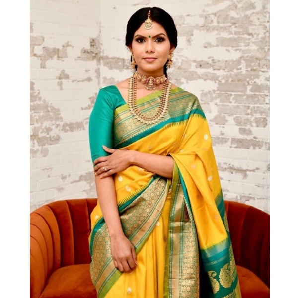 Generic Women's Soft Lichi Silk Printed Saree With Unstitched Blouse 5.5Mtr (Yellow) - Yellow
