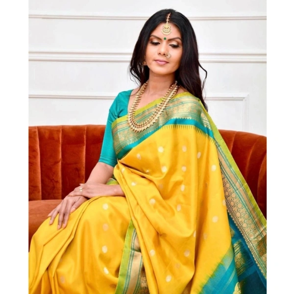 Generic Women's Soft Lichi Silk Printed Saree With Unstitched Blouse 5.5Mtr (Yellow) - Yellow