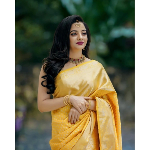 Generic Women's Soft Lichi Silk Printed Saree With Unstitched Blouse 5.5Mtr (Yellow) - Yellow