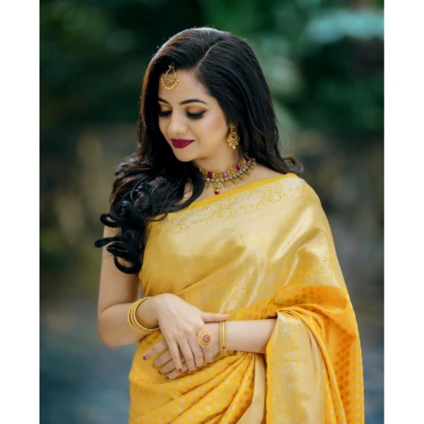 Generic Women's Soft Lichi Silk Printed Saree With Unstitched Blouse 5.5Mtr (Yellow) - Yellow